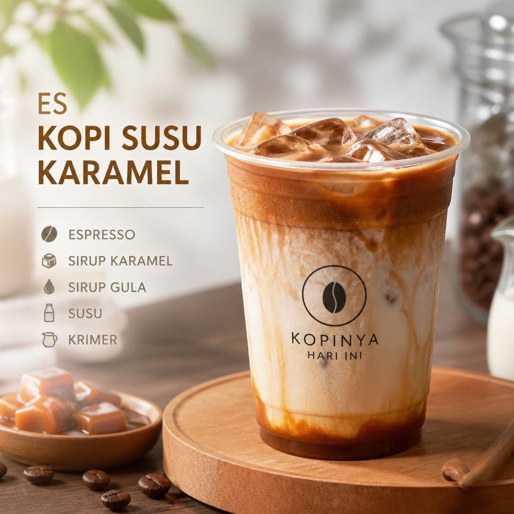 Es Kopi Susu Karamel Kopi Ruang Hati dengan espresso sirup karamel sirup gula susu dan krimer